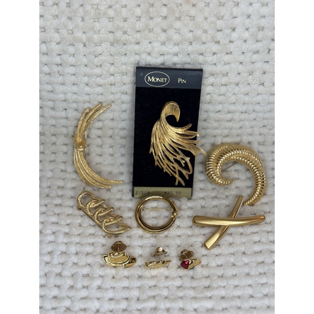 Vintage Monet Gold Tone Pin Brooch Lot – 9 Pieces Modernist & Classic, Signed